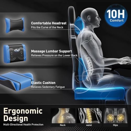 HLDIRECT High Back Gaming Chair, USB Massage Lumbar Support, Black&Blue
