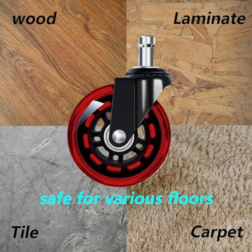 3" Office Chair Wheels for Casters Replacement Set of 5 - Office Caster Wheels for Carpet,Computer Chair Wheels,Smooth & Mute for Hardwood Floors and Mats. (Red Transparent)