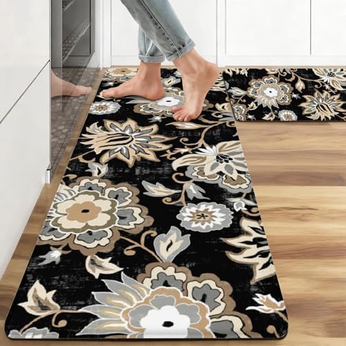 Boho Floral Anti Fatigue Kitchen Rugs, 17.3"x47"+17.3"x29"