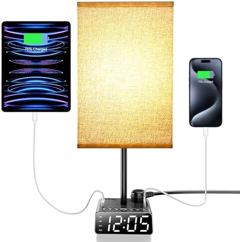 Touch Control Nightstand Light,Bedside Lamp with Alarm Clock&Charging Station - 2 Alarm Clock+ 2AC + 1USB-A + 1USB-C,Lamps with USB Ports and Outlets,3-Level Dimmable Touch Lamp
