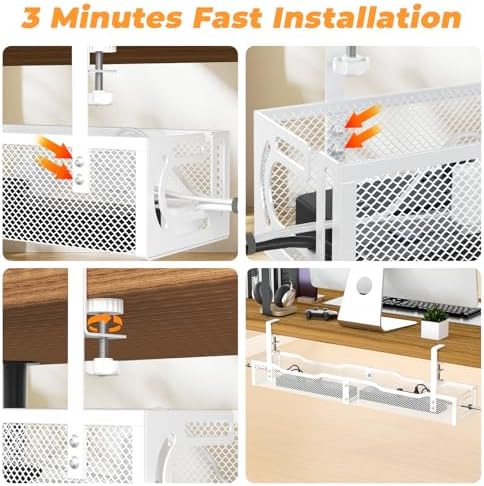 Under Desk Cable Management Tray, No Drill Steel Desk Cable Organizers, Wire Management Tray Cable Management Rack (24.4" Length-White)