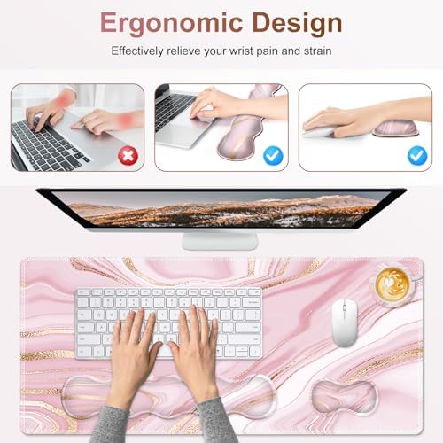 Gaming Mouse Pad Keyboard Wrist Support, 4 in1 Mousepad Set with Wrist Keyboard Rest, Computer Desk Mat, Non-Slip Desk Pad Protector with Memory Foam Easy Typing Pain Relief I Pink Gold Marble
