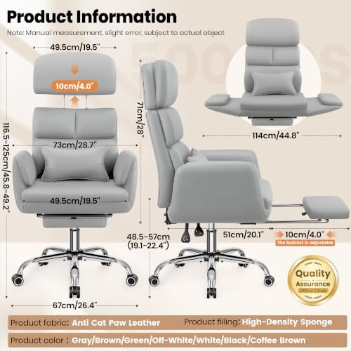 Big and Tall Leather Office Chair, Cross Legged Flip Arms, Gray