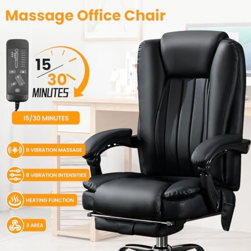 500LBS Massge Office Chair with Foot Rest,6 Points Vibration & Heat Big and Tall Office Chair with Back Support, Ergonomic Comfort 135° Reclining Desk Chairs Managerial Chairs for Heavy People
