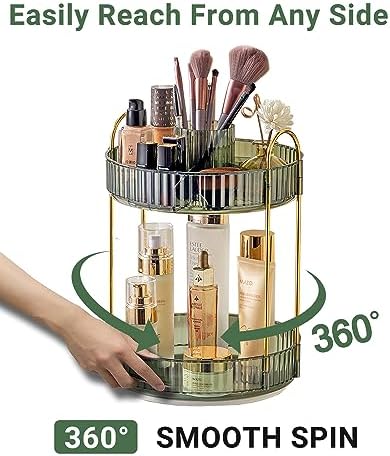 Asayuee 360 Rotating Makeup Organizer,2 Tier Large Capacity Make Up Organizers and Storage,Skincare Perfume Vanity Organizers,Bathroom Cosmetics Storage Organizer Countertop (Green)