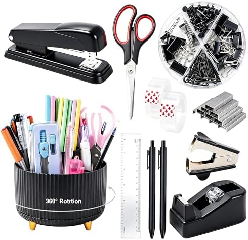 Gawsey Black Desk Organizers and Accessories with Desk Organizer 360° Rotating Pen Holder and Office Supplies, Cute Stationery Supplies Set