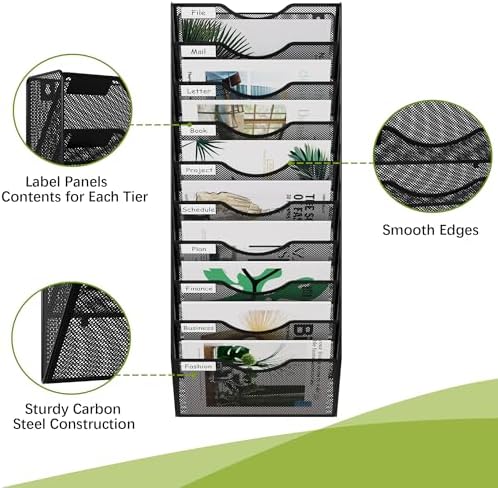 EasyPAG 10 Pocket Mesh Wall File Organizer, Hanging Paper Folder Holder with Classify Label, Vertical Wall Mount Mail Organizer for Office Home Classroom, Black
