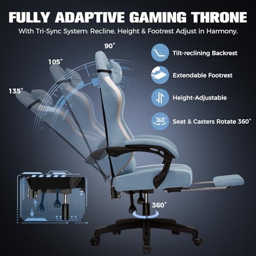 GTPLAYER Gaming Chair, Ergonomic Computer Chair with Footrest and Lumbar Support, High Back Recliner Chair 350lbs, Height Adjustable for Home Office, Light Blue