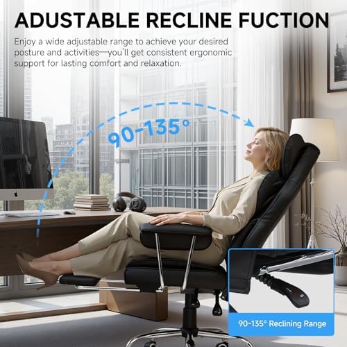 COMHOMA Big and Tall Office Chair, High Back Leather Gaming Chair with Footrest, Executive Ergonomic Office Chair with Pocket Spring Lumbar Support and with Outward Fixed Soft Armrests