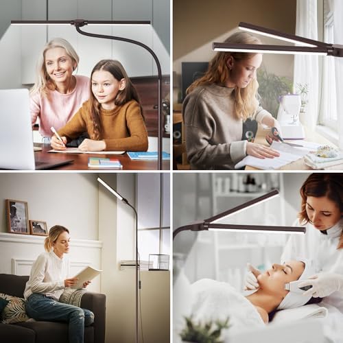 Floor Lamp, 18W/2000LM Bright LED Floor Lamp with Double Head, Adjustable Gooseneck Dimmable Craft Light for Sewing Tatoo Makeup, Eye Caring Brown Reading Floor Lamps for Living Room Bedroom Office