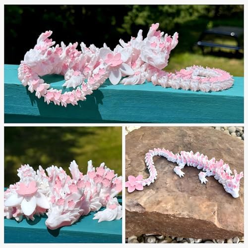 Outgoto 3D Printed Cherry Blossom Dragon – 11.8in Realistic Articulated Dragon Fidget Toy, Desk Décor and Collectible (White Pink)