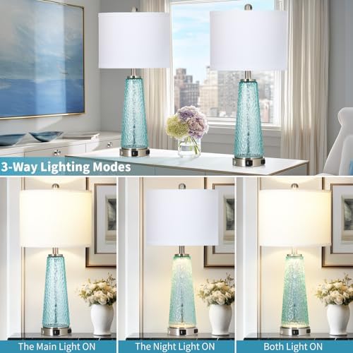 26" Coastal Table Lamps for Living Room, Glass Bedside Lamps with USB A+C Ports & Outlet, Nautical Cracked Glass Nightstand Lamp with Night Light for Bedroom End Table Blue Teal Turquoise Beach Ocean