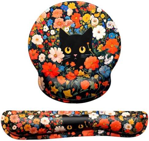 Dapesuom Keyboard Wrist Rest and Mouse Pad with Wrist Support, Cute Memory Foam Cushion for Keyboard and Mouse Set, Desktop Pad Rests with Non Slip Base for Easy Typing & Pain Relief, Cat Flower Bush