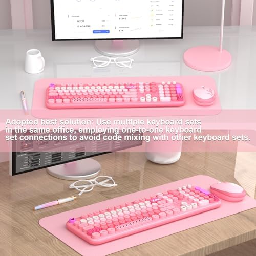 Wireless Keyboard Mouse,104 Full Size Cute Colorful Keyboard and Mouse with Retro Typewriter for PC/Mac/Laptop/Tablet/Computer/Windows/Microsoft, Pink