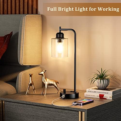 Industrial Desk Lamp, Fully Dimmable Small Bedside Table Lamp, Black, USB C