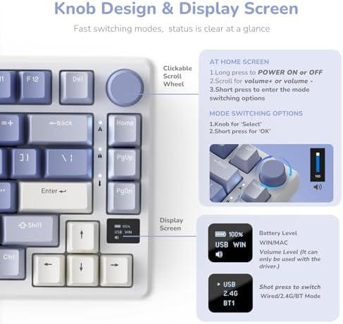 RK ROYAL KLUDGE M75 Mechanical Keyboard with OLED Smart Display and Volume Knob, 2.4G/USB-C/BT Gasket Mounted 75% Layout Wireless Gaming Keyboard with 81 Keys, RGB Backlit Hot-Swappable Red Switch
