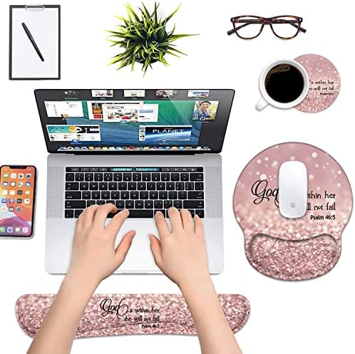 Keyboard Wrist Rest and Mouse Pad Wrist Support Set with Coasters, Quote Bible Verse Psalm 46:5 Wrist Mouse Pad with Non-Slip PU Base for Home Office Working Studying Easy Typing & Pain Relief