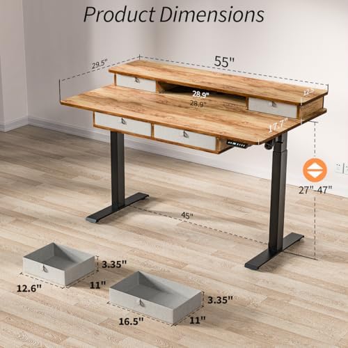 Kingant Electric Standing Desk with 4 Drawers, Height Adjustable 55"x 30"