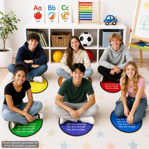 12Pcs Inspirational Quotes Carpet Circle Seats 16x16 Inch Round Classroom Rug Positive Affirmation Soft Non-Slip Washable Floor Cushions Motivational Fluffy Mat for Back to School Home Supplies