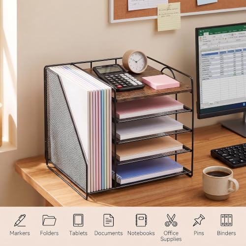 OPNICE Desk Organizer, 5-Tier Paper Organizer Letter Tray, Brown Wood