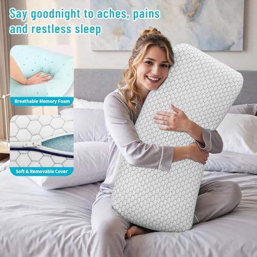 CushyOasis Memory Foam Pillows for Side, Back and Stomach Sleepers, Set of 2, Bed Pillow with Washable Cover and Breathable Mesh, Bed Pillow for Sleeping (Grey，King Size)