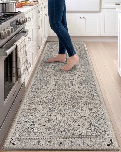 DEXI Kitchen Floor Mats Cushioned Anti Fatigue Runner 24x87 Beige Grey