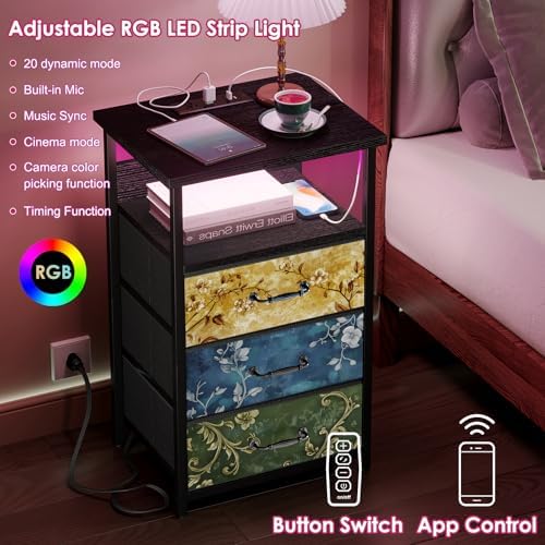 Fixwal Night Stand with 3 Fabric Drawers, Nightstand with Charging Station