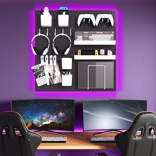 Peg Board Combination Kit, 4 Pegboards with 20 Accessories, Pegboard Wall Organizer for Office, Nursery & Home Storage, Key Holder, 25.6"x25.6" – Nail-Free Installation（Black）