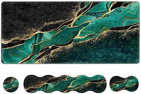 Extended Gaming Mouse Pad, Keyboard Wrist Rest Pad, Wrist Support Mousepad Set, Artso Large Stable Rubber Base Stitched Edges Desk Pad (35 x15.5 in) for Work, Game, Office, Home, Emerald Marble
