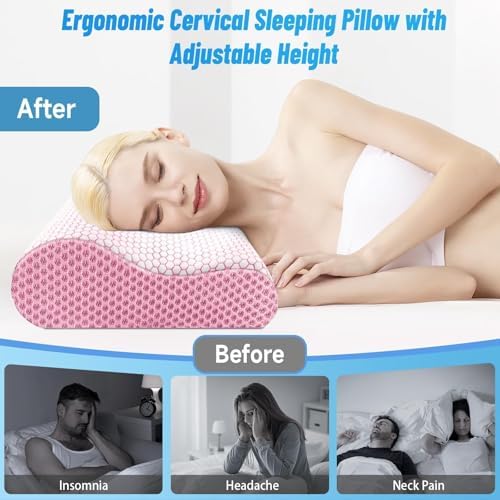 Neck Pillow for Sleeping, Ergonomic Cervical Bed Pillow, Pink Queen Size