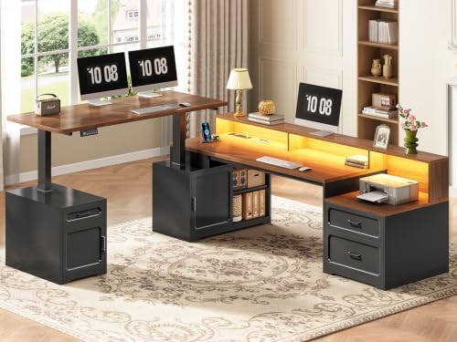 SEDETA Farmhouse L Shaped Standing Electric Desk with Storage, Black