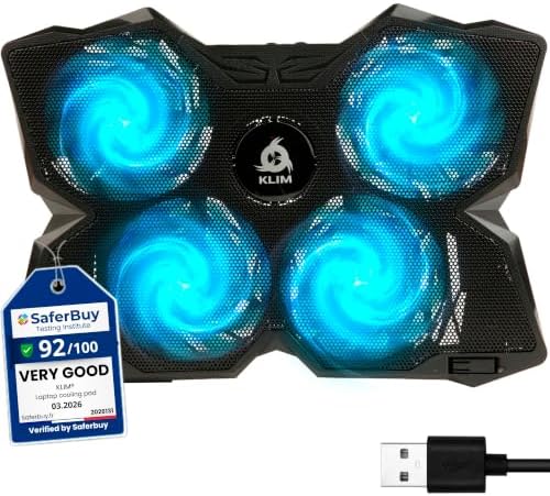 KLIM Wind Laptop Cooling Pad - More Than 500 000 Units Sold - New Version - The Most Powerful Rapid Action Cooling Fan - Laptop Stand with 4 Cooling Fans at 1200 RPM - USB Fan - PS5 PS4 - Cyan