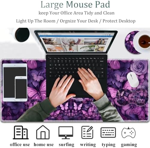Mouse Pad Combo, Large Gaming Mouse Pad + Keyboard Wrist Support + Mouse Wrist Rest + Coaster, Table Pad 31.5 "x 11.8" with Memory Foam Ergonomic Wrist Pad Set, Butterflies Purple and Purple Flowers