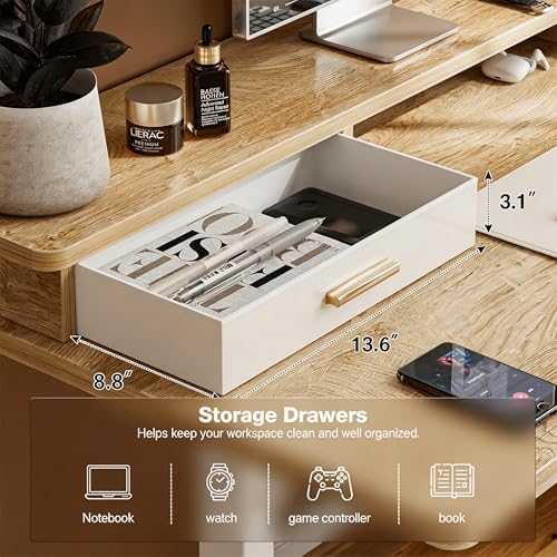 Grandder Electric Standing Desk with Two Drawers, Sit to Stand Up Height Adjustable Desk with Storage Shelf for Home Office, 55 * 24 Inch, Study, Ergonomic Adjustable Computer Desk, Oak