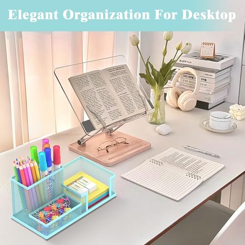 SUPEASY Mesh Pen Holder Desk Organizer, Office Supplies Pencil Storage with 3 Compartments, Office Desk Accessories and Workspace Organizers for Home School, Blue