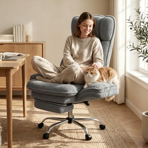 Big and Tall Office Chair, Criss Cross Chair with Flip Armrests & 6.7″ Plush Seat, 135° Reclining Cross Legged Office Chair, Sherpa Fleece, Gray