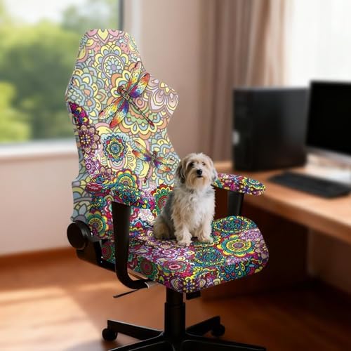 Dragonfly Print Stretch Gaming Chair Cover with Armrest Covers Boho Mandala Flower Print Washable Breathable Gamer Chair Slipcover
