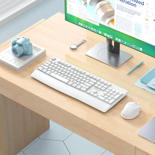 MEETION White Wireless Keyboard and Mouse Combo, Full-Size with Wrist Rest