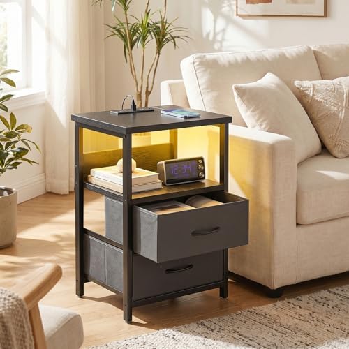 Fixwal Black Nightstands Set of 2, Led Night Stand with Charging Staion