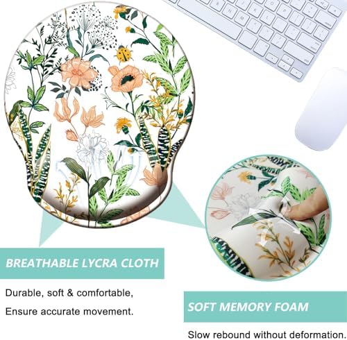 Mouse Pad with Wrist Support, Ergonomic Mouse Pad with Memory Foam Wrist Rest Cushion, Non-Slip Rubber Base Gaming Mice Pad for Home Office Computer Laptop, Flower White