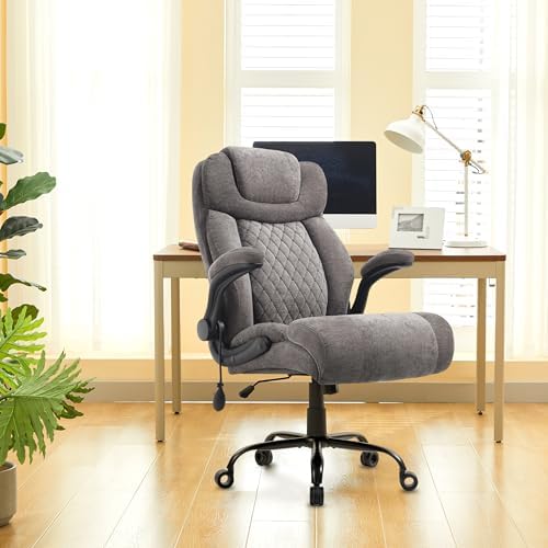 550LBS Big and Tall Office Chair, Comfy Heavy Duty Executive Chair with Adjustable Lumbar Support Double Spaces Casters, Fabric Extra Wide Seat Ergonomic Computer Desk Chair for Back Pain,Greycloth