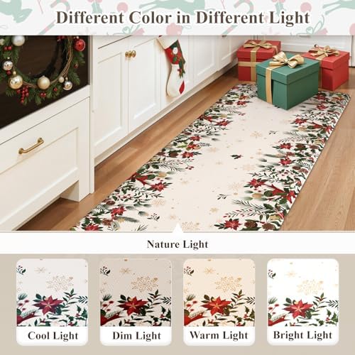 KIMODE Christmas Decor Kitchen Mats Cushioned Anti Fatigue, Beige Farmhouse Kitchen Rugs Sets of 2, Padded Kitchen Floor Mats, Non Slip Standing Mats for Christmas Decorations Laundry Office Desk