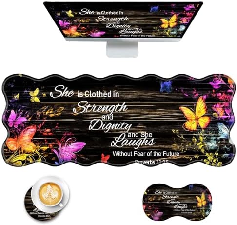 Mouse Pad with Wrist Support + Desk Mat + Coaster 3 in 1 Set, XL Large Gaming Mousepad Ergonomic Mouse Pads for Desk Computer Laptop Office,Floral Butterfly Bible Verse Proverbs 31-25
