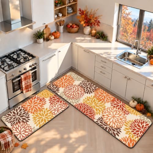 Orange Fall Kitchen Mats for Floor, Cushioned Anti Fatigue Memory Foam Kitchen Rugs Set of 2, Non Slip Waterproof Kitchen Runner Floor Mat, Comfort Standing Mat for Sink, Laundry, Autumn Home Decor