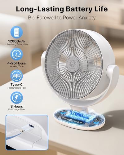 Aaoyun Wireless Desk Fan, 12000mAh Cordless Room Air Circulator with Remote, 3D Oscillating Standing Fan, 8 Speeds, 20dB Quiet Motor, Washable Portable Fan for Bedroom, Indoor, Outdoor(D6)