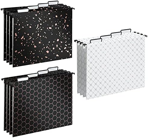 Y YOMA 12 Pack Decorative Hanging File Folders Letter Size Rose Gold File Folder Pretty Hanging Folder Organizer for Filing Cabinet Office Home with 1/5-Cut Adjustable Tabs, 3 Black Foil Design