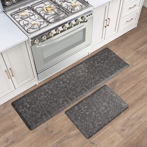 Chef Gear - Anti-Fatigue Wellness Kitchen Mat - Marni Design - Cushioned Comfort Chef Mat - Faux Leather - Cooking & Standing Relief -Skid-Resistant - Set of 2-17.5"x 60"/ 17.5"x28"- Dark Grey