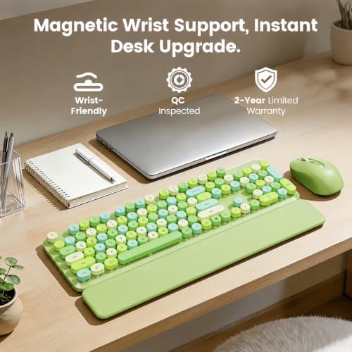 Wireless Keyboard and Mouse Combo, Magnetic Wrist Rest, Round Keycap, Green