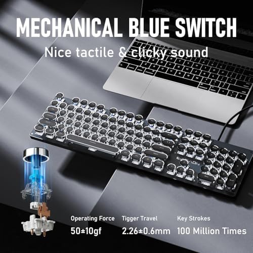 Wired Typewriter Style Mechanical Gaming Keyboard with White Backlit-Black