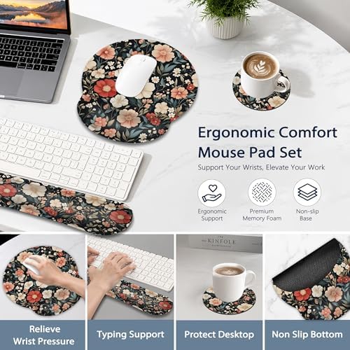 Keyboard Wrist Rest Pad Ergonomic Mouse Pad Set,Vintage Floral 3 in 1 Memory Foam Mouse Pad with Non Slip Base for Office and Home